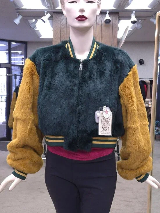 Green and Gold Rabbit Fur 24″ Short Bomber Jacket - Picture 2 of 4